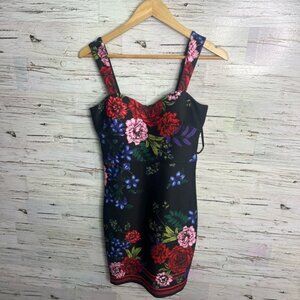 Guess black red pink floral midi dress size 4